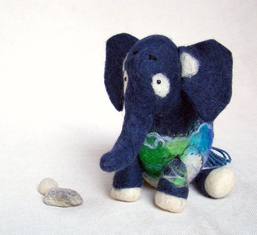 Babajide - Blue Felt Elephant, Puppet, Art Marionette, Felted Animal, Stuffed Toy. MADE TO ORDER