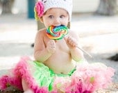 White Crochet Hat Beanie with Pink and Green Flowers - Baby Toddler Children