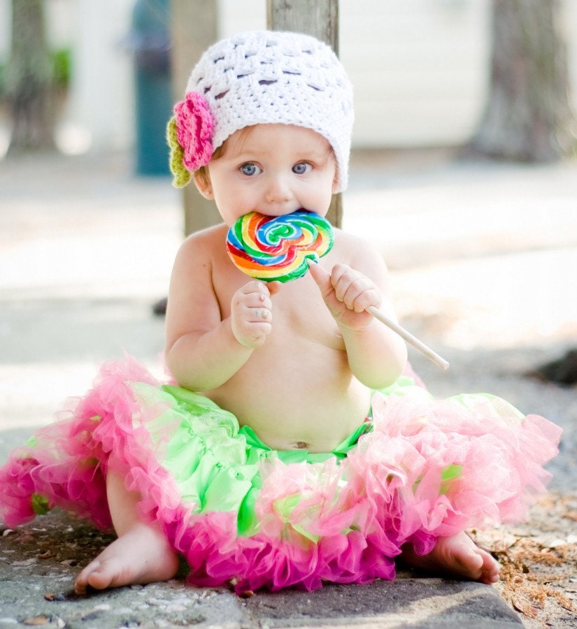 White Crochet Hat Beanie with Pink and Green Flowers - Baby Toddler Children