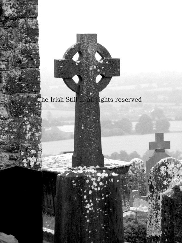 Irish Photography Black and White Celtic Cross with view of Slane... 8x10