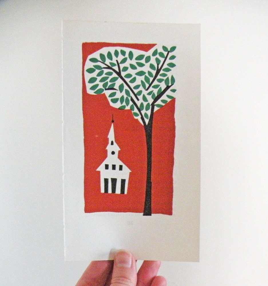 Vintage Art Print Little White Church Tree Colonial New England Graphic Woodcut Book Illustration Pumpkin Orange Green Black Autumn Fall