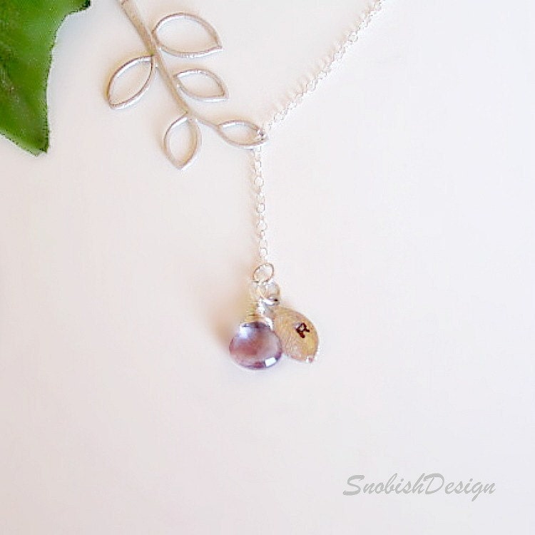 Personalized Birthstone Necklace, Initial Leaf Charm, Mothers Necklace, Customized Jewelry, Dainty Lariat Necklace, Sister Necklace
