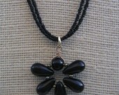 Black bead onyx necklace Gold multi strand vintage glass bead starburst pendant  Wire Jewelry gothic steampunk dramatic