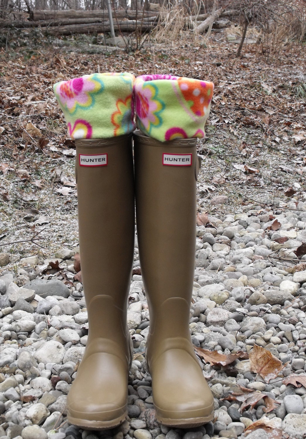 SALE- Fleece Rain BOOT LINERS, Cool Lime Green Cuff With Strawberries & Flowers, Tan Sock, Walks, Rain Showers, Fashion