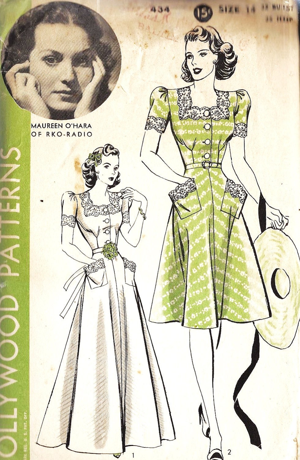 1940s Misses Day or Evening Dress Vintage Sewing Pattern, Hollywood Pattern 434 featuring Maureen O'Hara, bust 32" unuct
