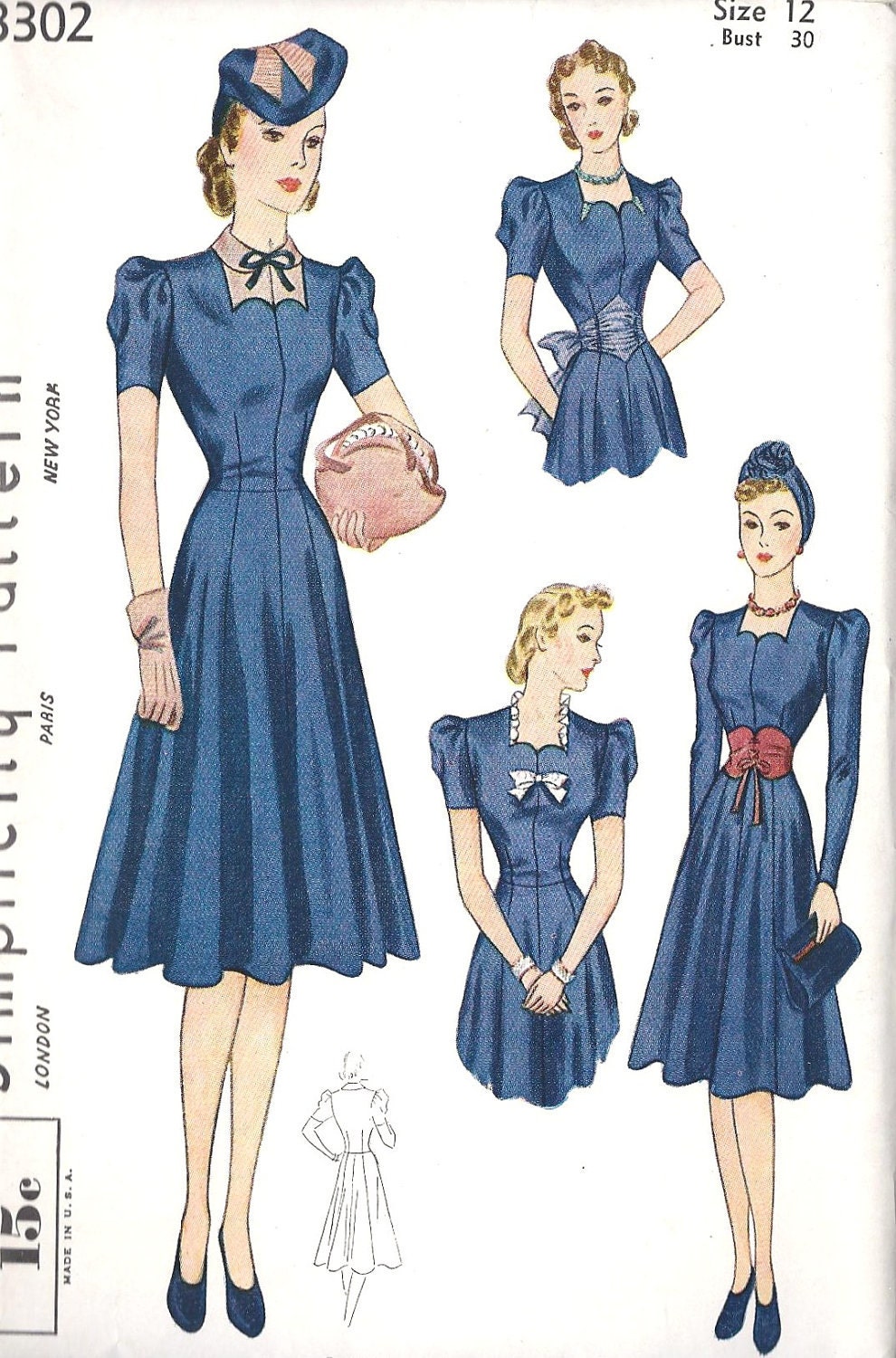 1930s Misses Dress Vintage Sewing Pattern, Accessory Set, Simplicity 3302 Bust 30" UNCUT