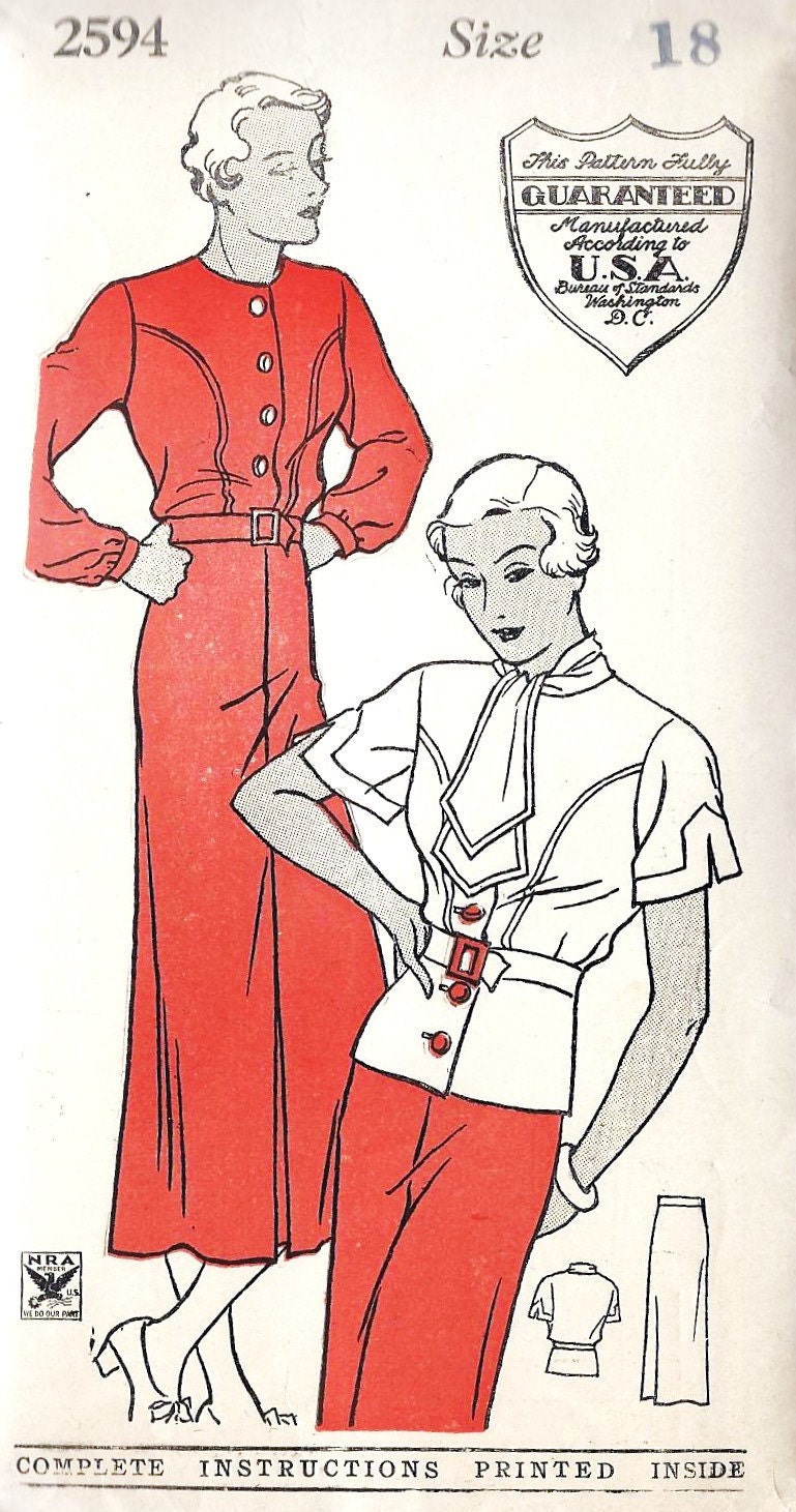 1930s Ladies Blouse and Skirt Vintage Sewing Pattern, UnNamed Pattern 2594 Bust 36"