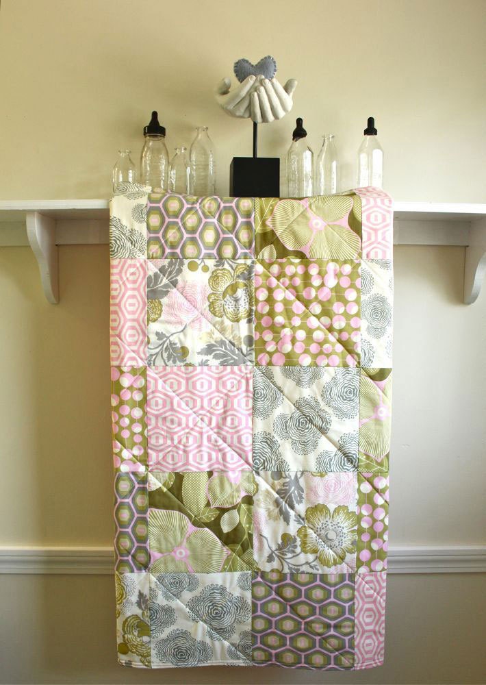 Baby Crib Quilt -  Optic Blossom by Amy Butler - Baby Girl Blanket in Grey, Pink, Olive, and Cream