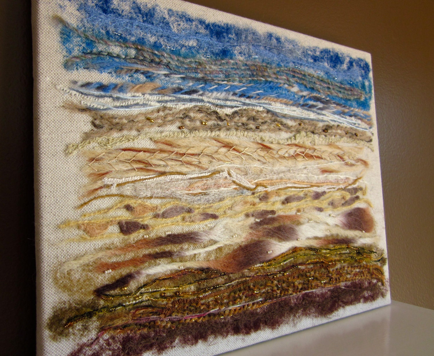 fiber art wall hanging mixed media textile textured art - modern contemporary needle felted - 11 X 14 earth and sky - abstract original