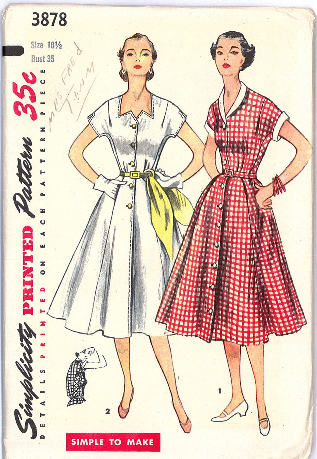 1950s Vintage UNCUT Pin Up Swing Dress Sewing Pattern Simplicity 3878 Bust 35