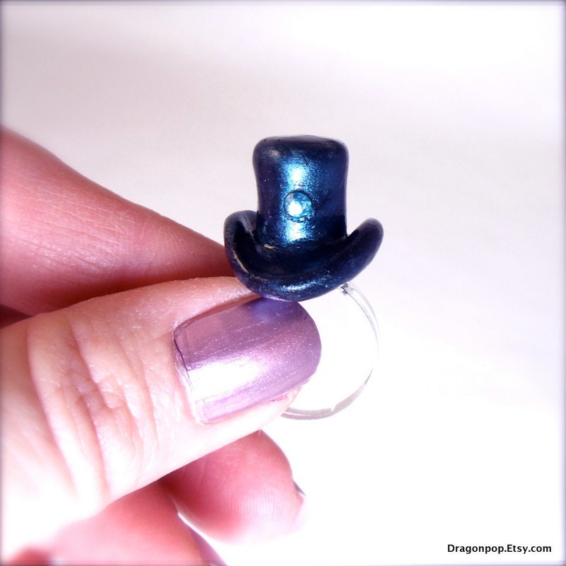 Kawaii Cute Ring Simple Handmade Polymer Clay Miniature Navy Blue Top Hat Fun Fashion Rings for Women Funky Ring