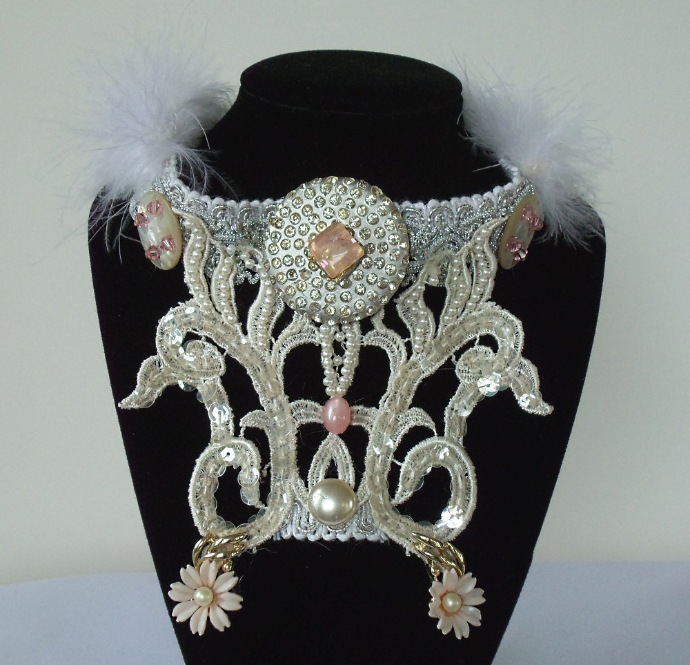 Bridal Choker, Art Deco necklace, white, jeweled, lace & mother of pearl, Haute Couture Statement Bib Neck Piece.