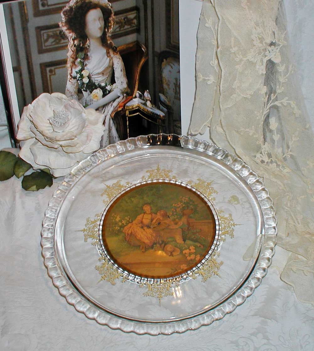 Vanity Tray or Platter With Romantic 18th Century Picture and Gold Filigree Flowers