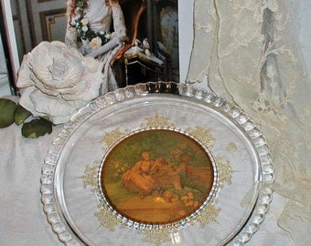 Vanity Tray or Platter With Romantic 18th Century Picture and Gold Filigree Flowers