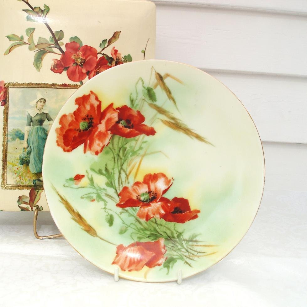 Antique German Plate Orange Roses Bavaria China Cabinet Plate Decorative Wall Art  Red Green - WhimzyThyme