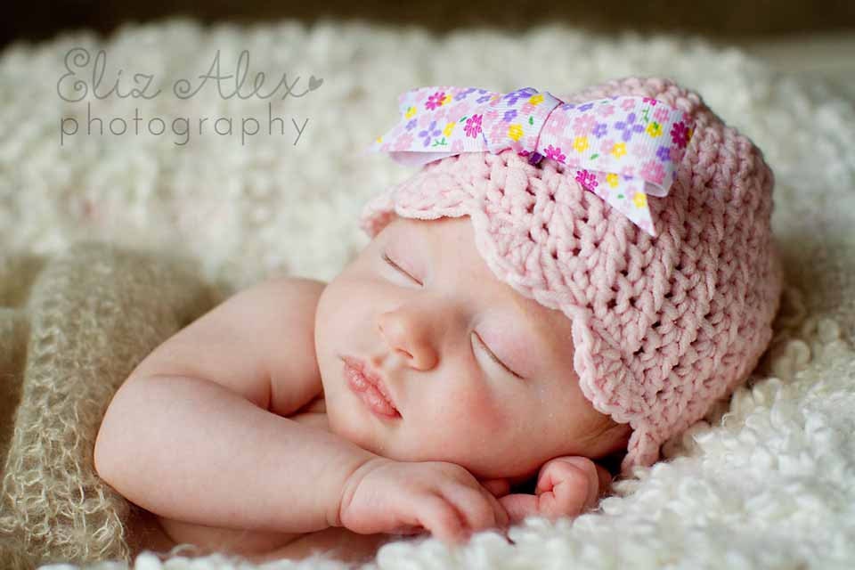 Pink Crochet Beanie Hat with Floral Print Bow, 6 to 12 Month Size (Item 540)