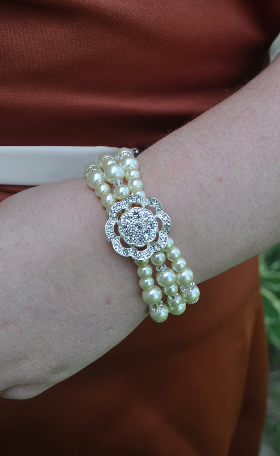 Pearl and Rhinestone Bridal Brooch Bracelet, Wedding Jewelry witswah Swarovski Crystals, Jewelry for women and Mother of the Bride