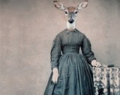Deer Art, Mixed Media Collage Print, Altered Civil War Portrait, Violet, frighten
