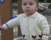 Baby Cardigan Hand Knit Cream with Red Hearts Size 12 Months - BabywearbyBabs