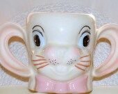 Vintage Bunny Rabbit Mug. Ear Handles. Pink Bow. Ceramic