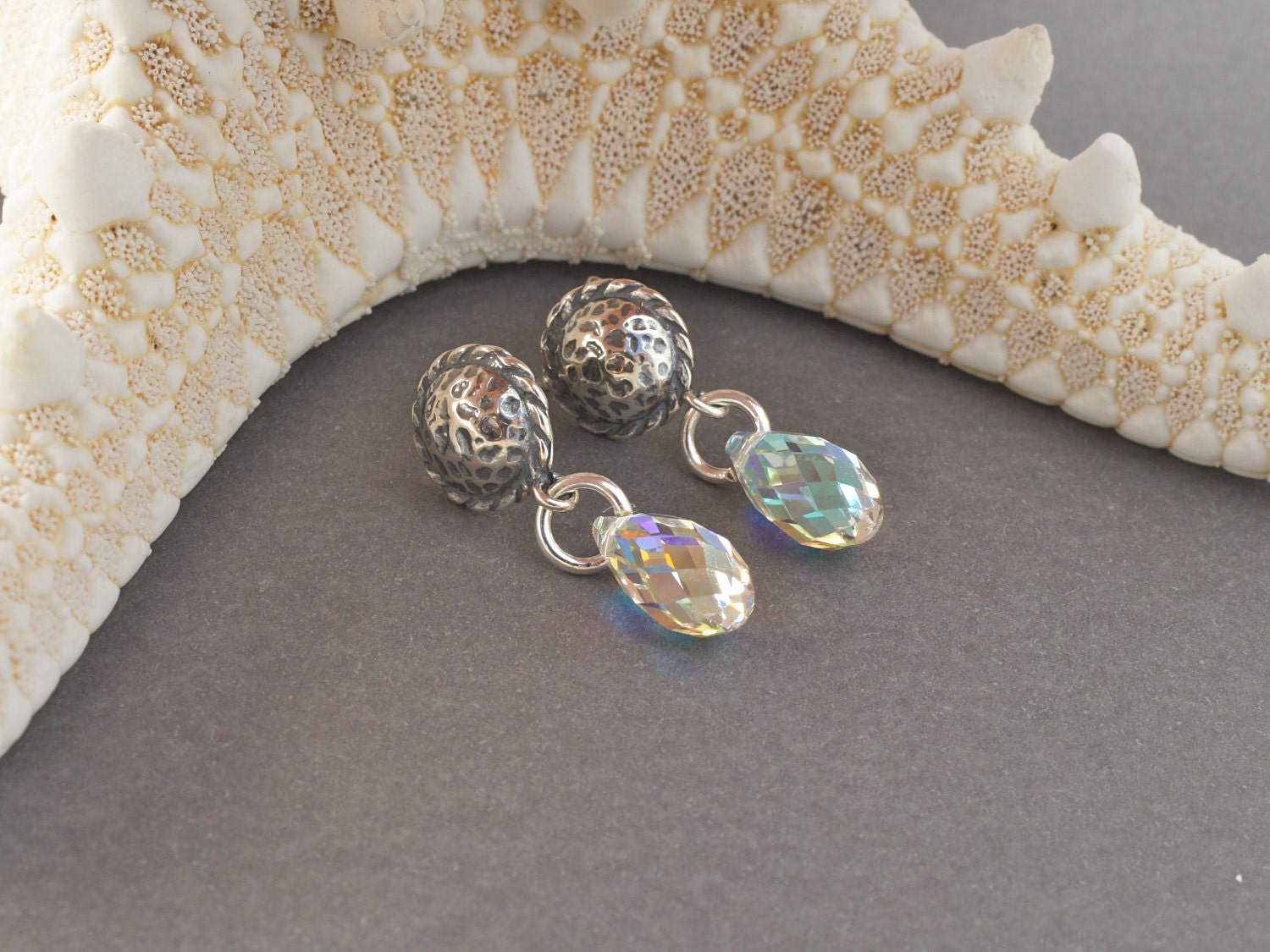 Sterling Silver Button, CRYSTAL DROP STUD Earrings by Cheydrea