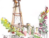Campbell Water Tower, California, Watercolor sketch in warm orange and brown tones, 8x10 inch print