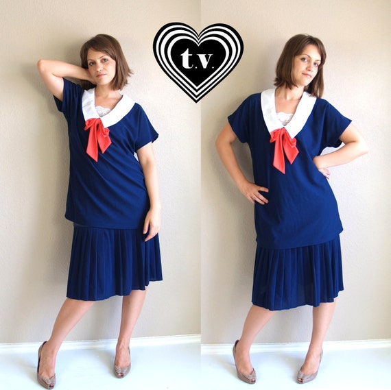 vtg 60s navy red SAILOR drop waist flapper DOLLY neck tie DRESS pleated Large nautical