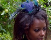 Rachel's Mohawk -- A dramatic vintage style fascinator with navy crinoline loops and peacock feathers