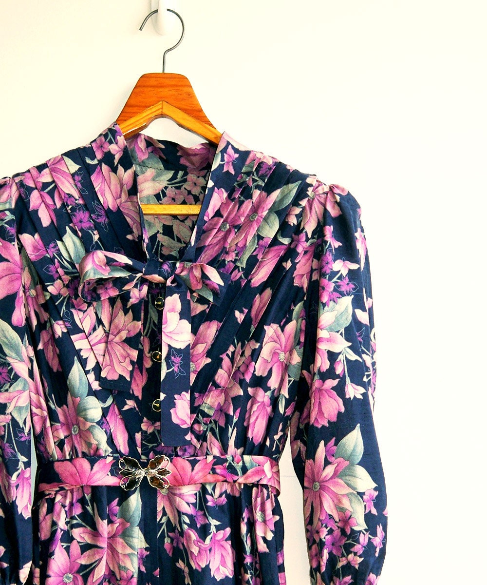 Vintage Deep Pink Floral Navy BowTie Neck Elastic Waist with Removable Enamel Belt Dress