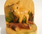 Baby Deer Bookend Woodland Chalkware Office Desk Bookshelf Decor Spotted Fawn with Faux Bois Logs Spring Home Decor