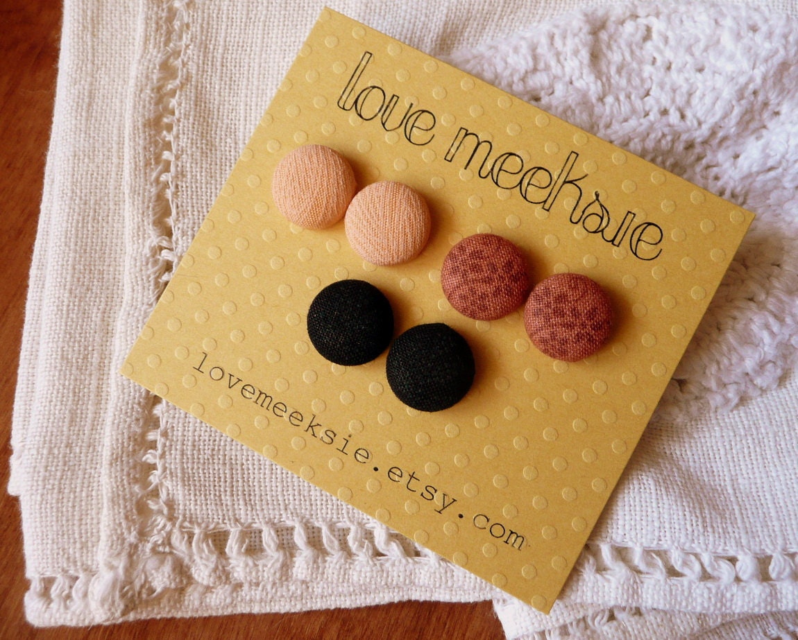 fabric button earrings, vintage-inspired sepia blush colors - set of 3 - small