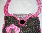 Purse Envelope Crocheted Black, Pink, and Gray Bulky Yarns, Fully Lined, Flower, Buttons, Clasp, and Braided Strap