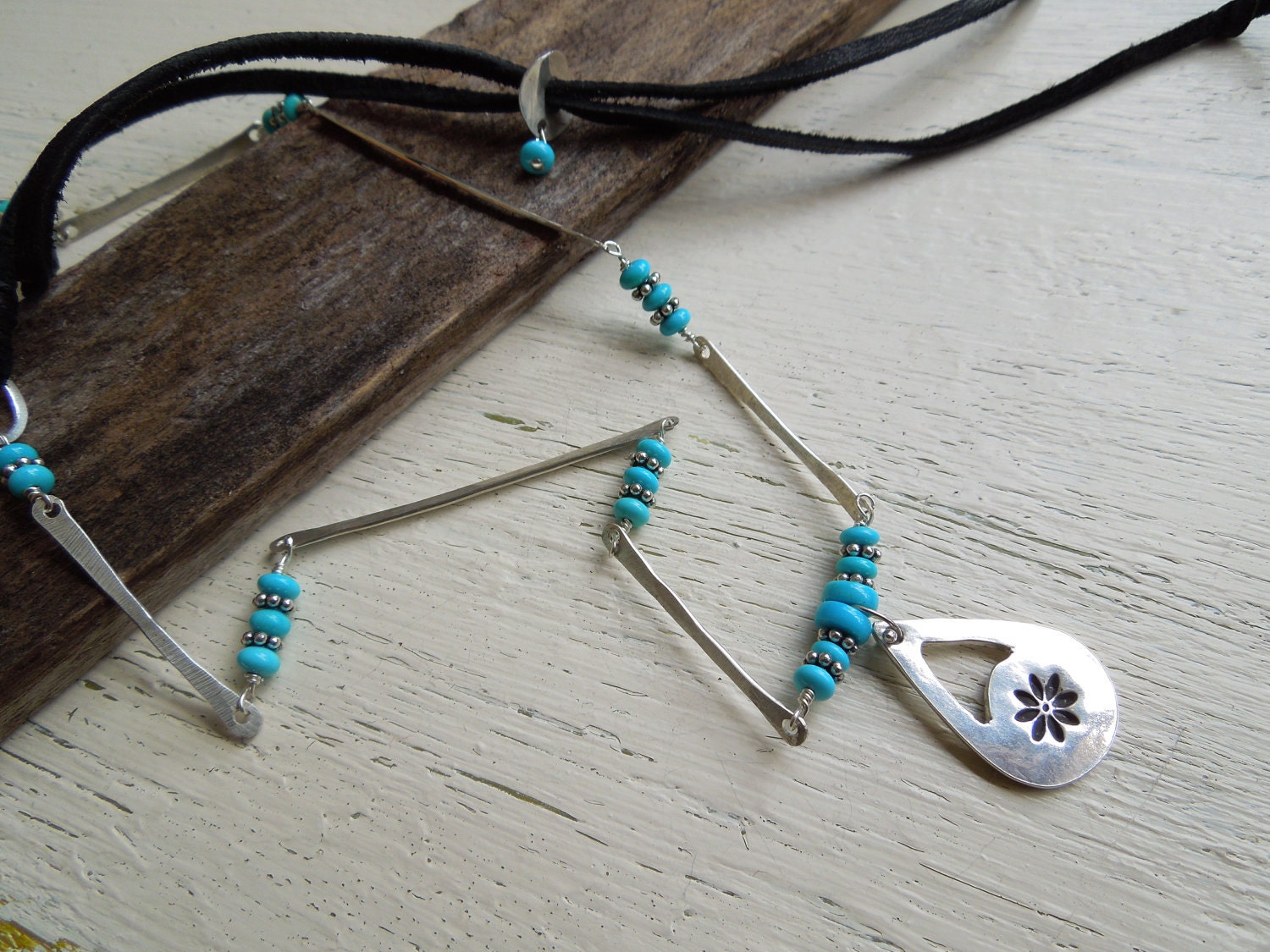 ARTisan Made "Daisy Celebration in Turquoise" Necklace - Fine Silver - Sterling Silver - Leather - Sleeping Beauty Turquoise