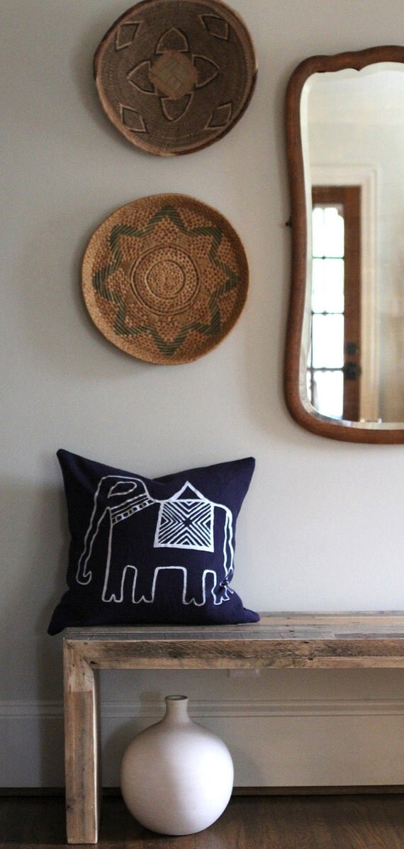Indigo & white elephant handprinted organic hemp pillow cover 20x20