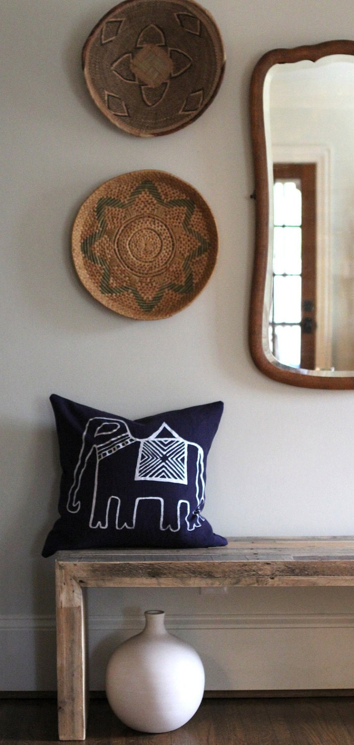 Indigo & white elephant handprinted organic hemp pillow cover 20x20