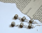 Book earrings, three small beads, made from recycled books