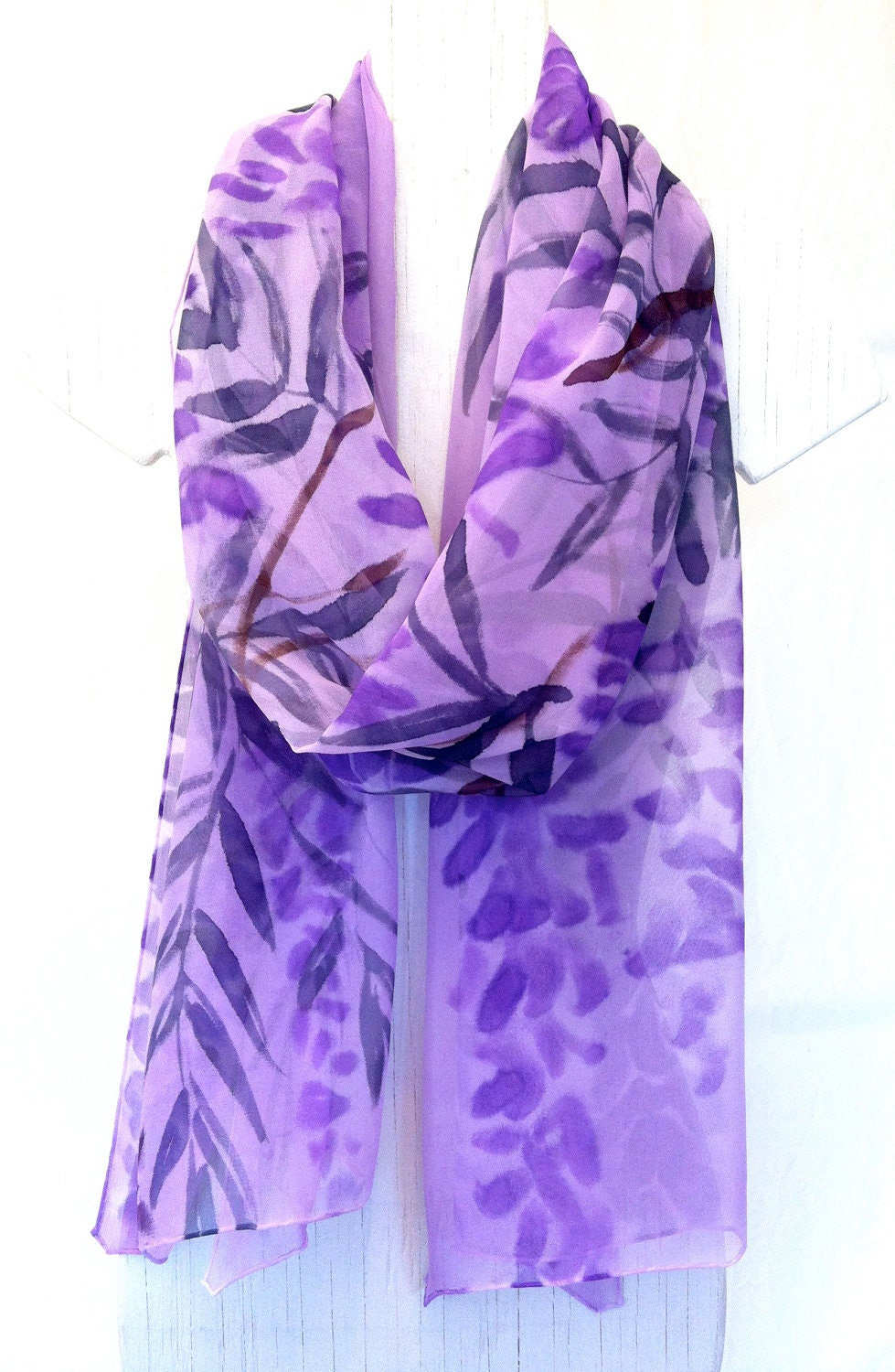 Purple Silk Shawl Scarf. Silk Scarves Takuyo. Purple Wisterias. Silk Chiffon Shawl. Approx 19x78 in. Made to order.