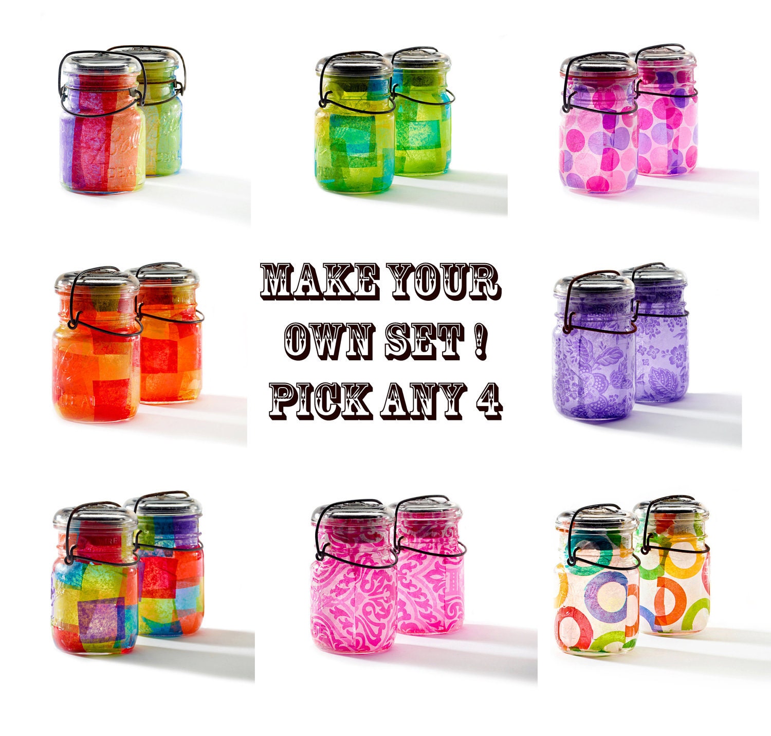 vintage atlas & ball mason jars .. handmade solar lights : pint size decoupage set of any four