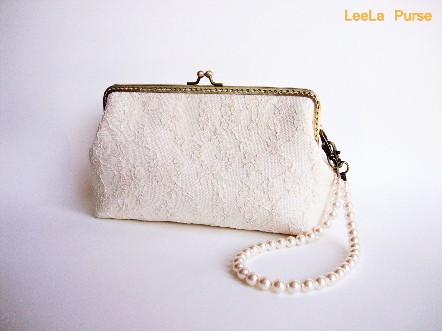 Bridal Clutch Purse - Cream-Vanilla silk Lace Clutch for Wedding Vintage Inspired with Swarovski Crystal Pearl Handle / Last one