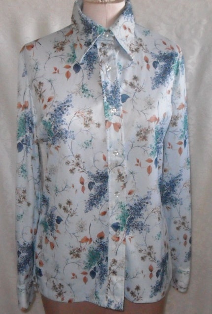 Vintage Blouse Polyester 1970's Long Sleeve Pastel Floral