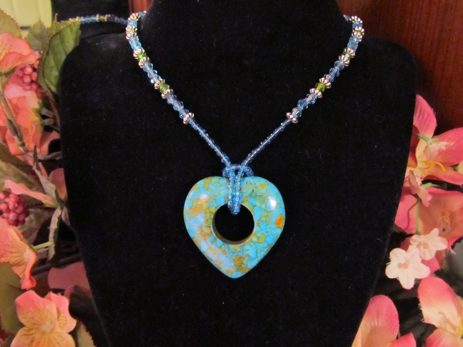 Turquoise Heart Pendant with Crystal Necklace