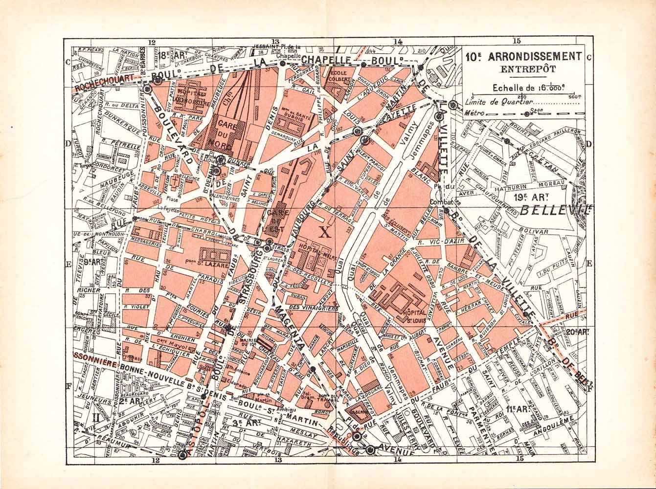 1920s Street Map, Paris, Entrepot, 10 Arrondissement, France