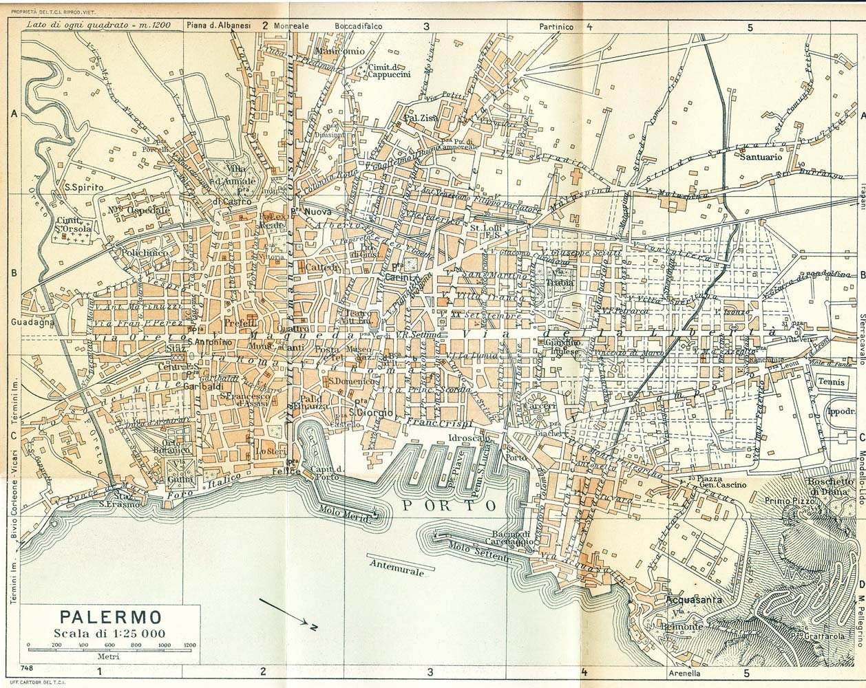 1949 Palermo City Plan, Street Map, Italy