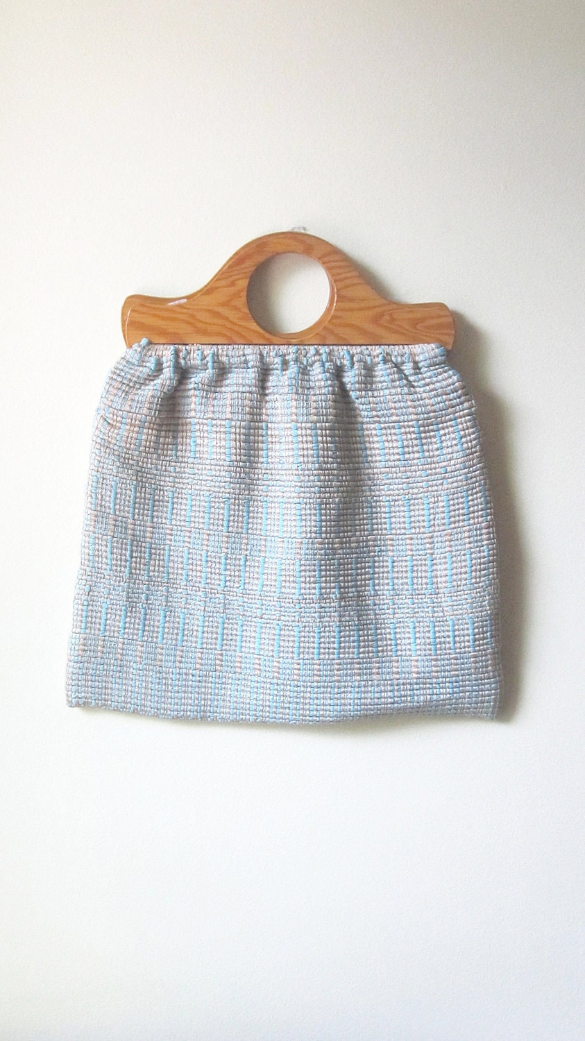 SALE, Shopping tote bag, beach bag, 70s handbag, hippie bag, farmers market bag, wooden handles, light blue, woven bag, fabric bag, shopper