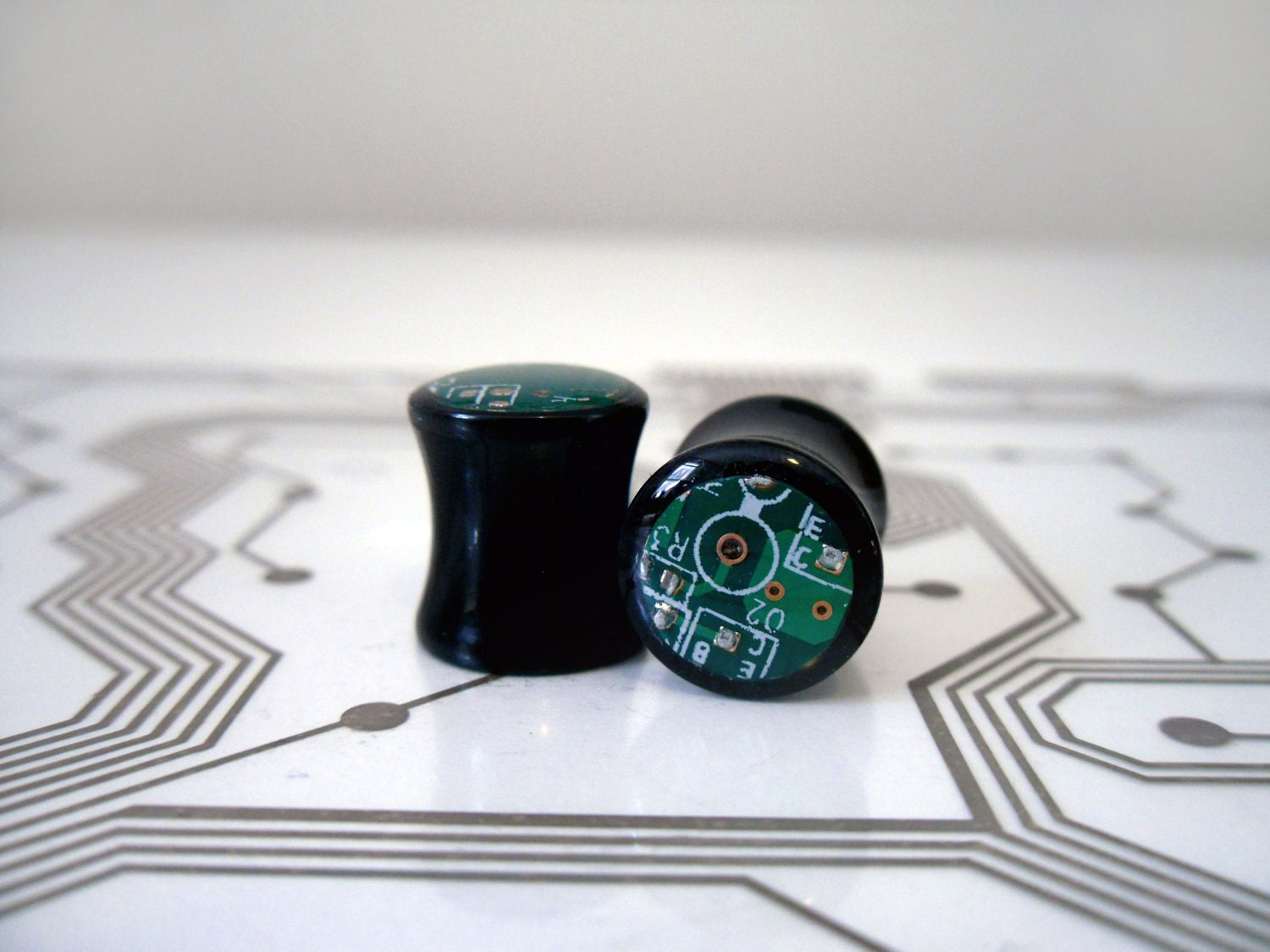 Circuit Board Plugs - Custom Size and Color - Black Acrylic Flared - Green Gold Blue Red - Cyborg Series