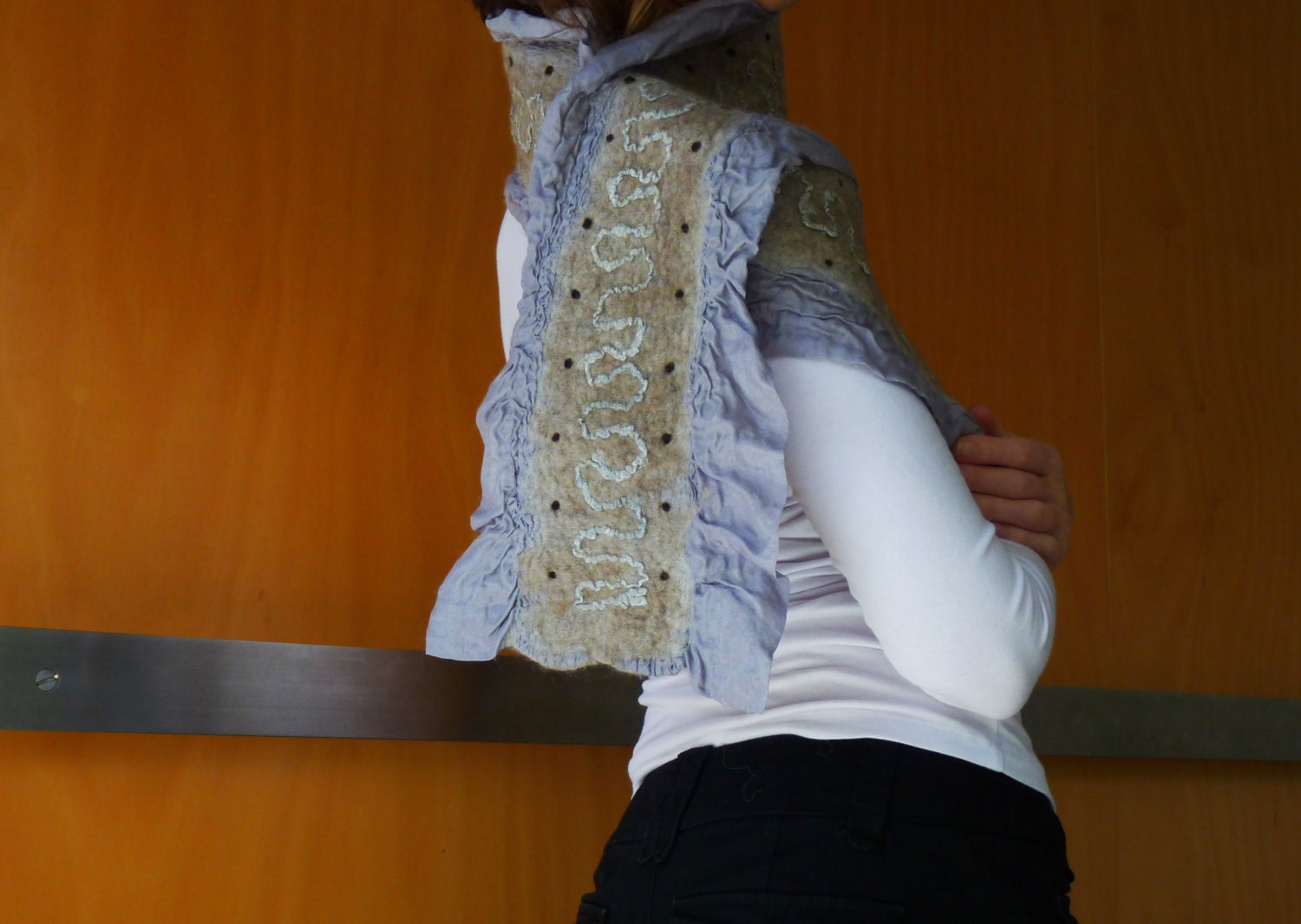 Silk scarf, nuno felted,  natural designer clothing, eco friendly clothing, funky women's clothing