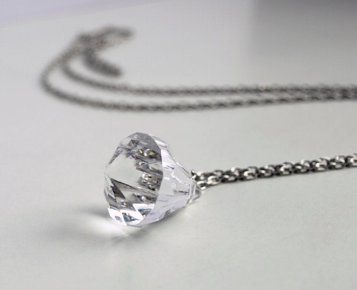 crystal necklace. long geometric necklace - faceted acrylic prism on silver plated chain. modern jewelry