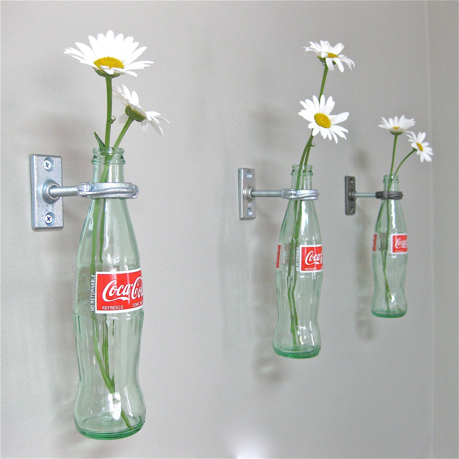 2 Coca-Cola Bottle Hanging Flower Vases - Red Wall Decor - Vintage Kitchen -  50's Diner