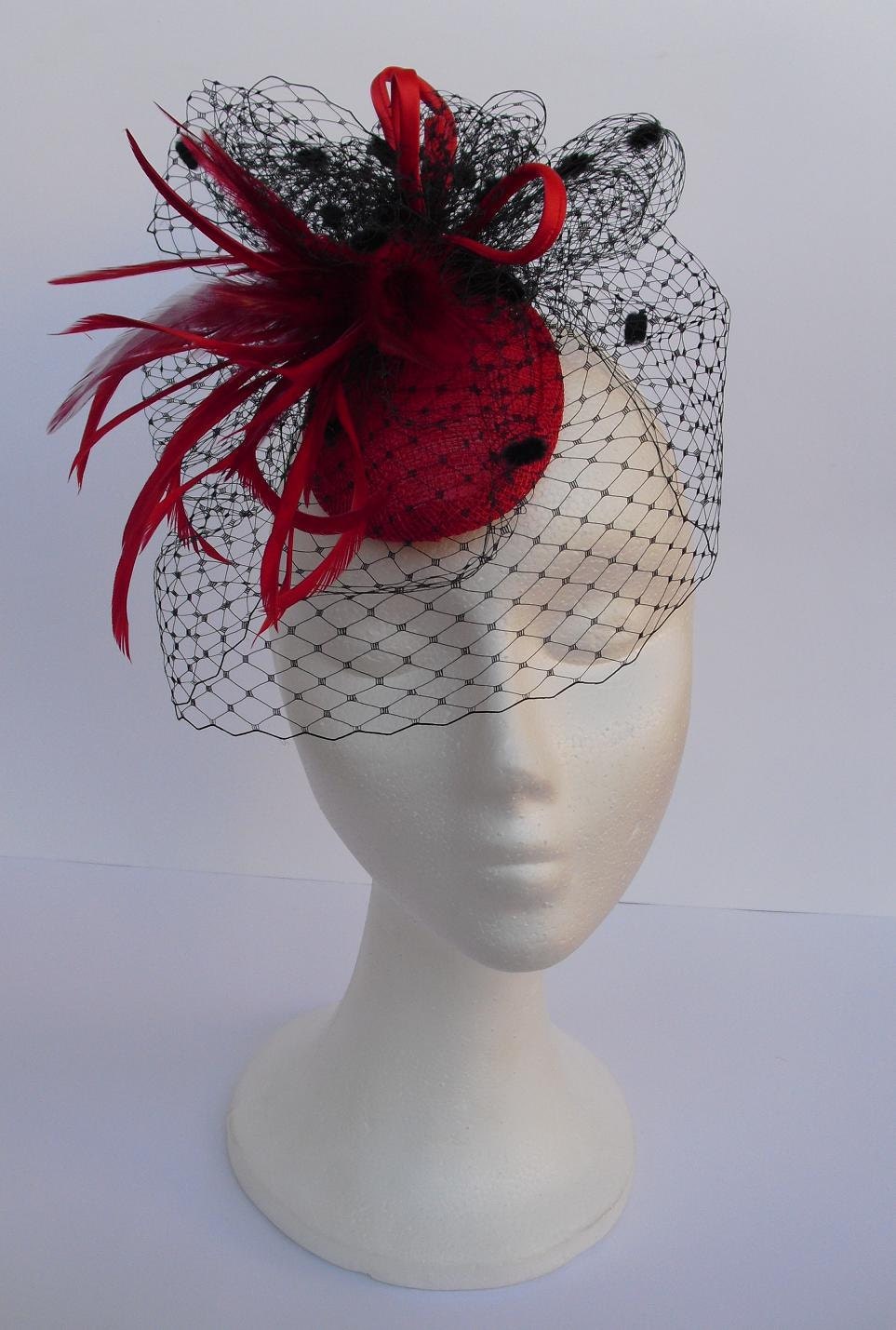 Veil fascinator hat, black and red fascinator hat,  vintage inspired,  weddings, bridal, derby, cocktail parties...