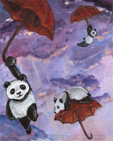 Panda Art, Red Umbrella Print, 8x10 Artwork, Animal Illustration, Flying Pandas, Purple Sky, Panda Decor